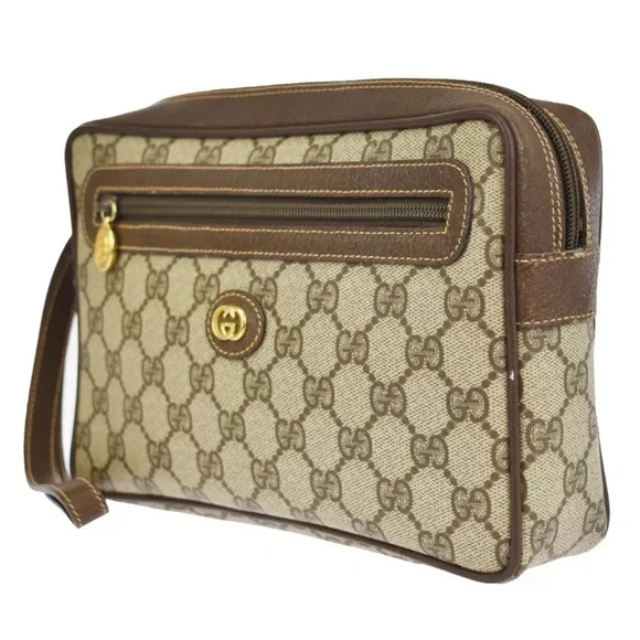 #3 GUCCI GG PATTERN SHERRY CLUTCH BAG PVC LEATHER BROWN USED - LIVE SHOW! - Picture 2 of 10